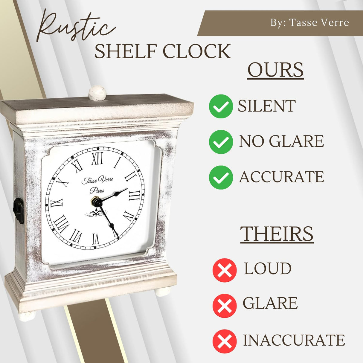 Tasse Verre Rustic Shelf Clock (Quiet) for Living Room Mantel, Table, Or Desk 9" X 7" Farmhouse Decor Distressed White Washed Wood Silent - Office Fireplace. AA Battery Operated Non-Digital, Tan Tasse Verre