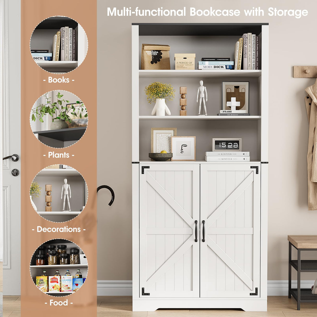 Maupvit 67" White Tall Bookshelf and Bookcase with Doors, 5-Tier Farmhouse Book Shelf with Storage Cabinet, Open Display Shelves, Wood Large Book Storage Cabinet for Living Room, Study, Kitchen, Home Maupvit