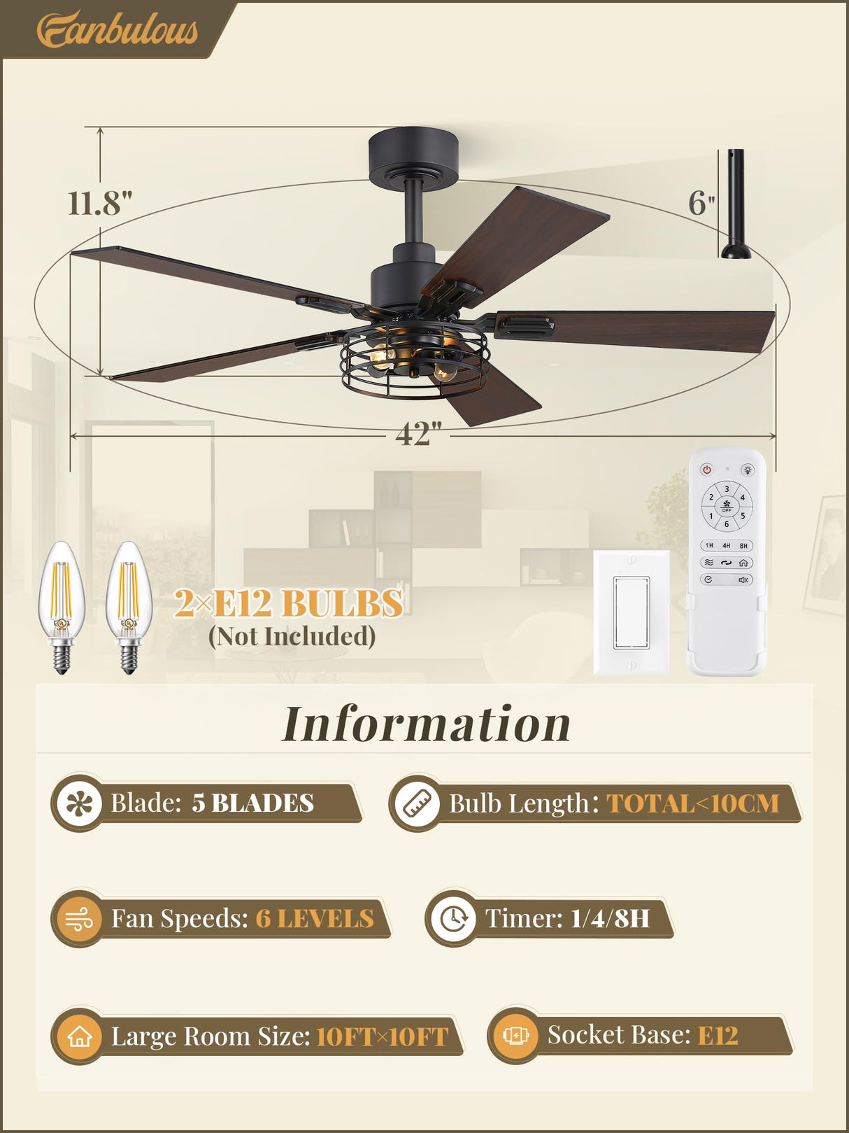 Fanbulous 2 Pack Farmhouse 42 Ceiling Fans with Lights, Black Industrial Caged Ceiling Fans for Bedroom Living Room, Double-Sided 5 Blades Rustic Ceiling Fan Fanbulous