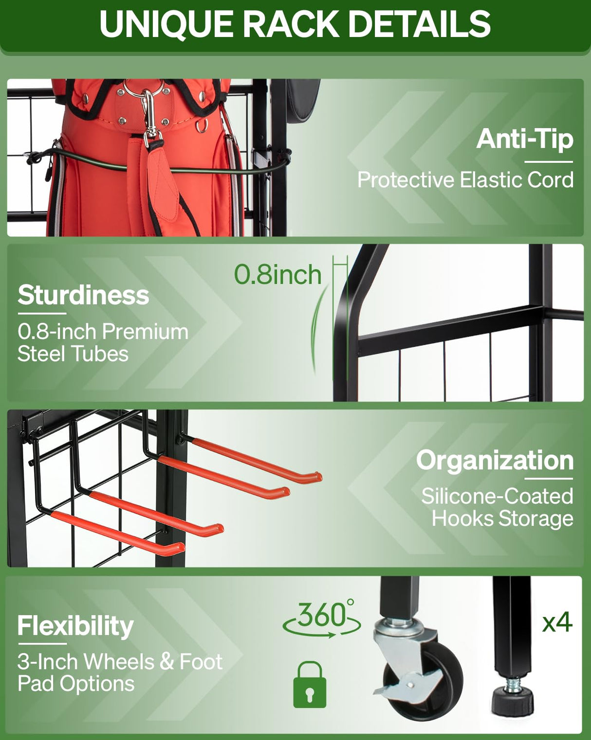 FHXZH Golf Bag Storage Garage Organizer, 3 Golf Bag Stand and Sports Equipment Storage Rack for Garage with Wheels, 4 Hooks, Golf Accessories Storage Rack with Extra Golf Clubs Display Rack FHXZH