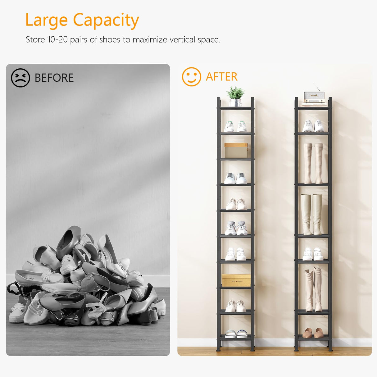 USIKEY 10 Tiers Narrow Shoe Rack for 10-20 Pairs - Sturdy Metal Tall Shelf With 4 Hooks, Slim Storage Organizer, Space Saving Vertical Design for Entryway, Closets - Black usikey