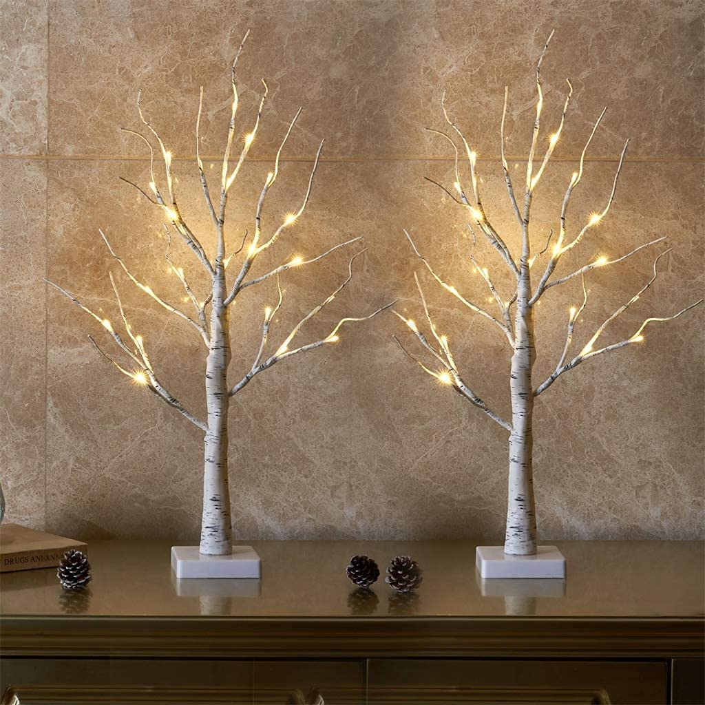 EAMBRITE Lighted Birch Tree for Christmas Decor, Table Decorations Indoor, 2Pack 24 LED Battery Operated/USB Tabletop Mini Artificial White Trees with Lights for Winter Home Centerpiece Mantel (2FT) EAMBRITE