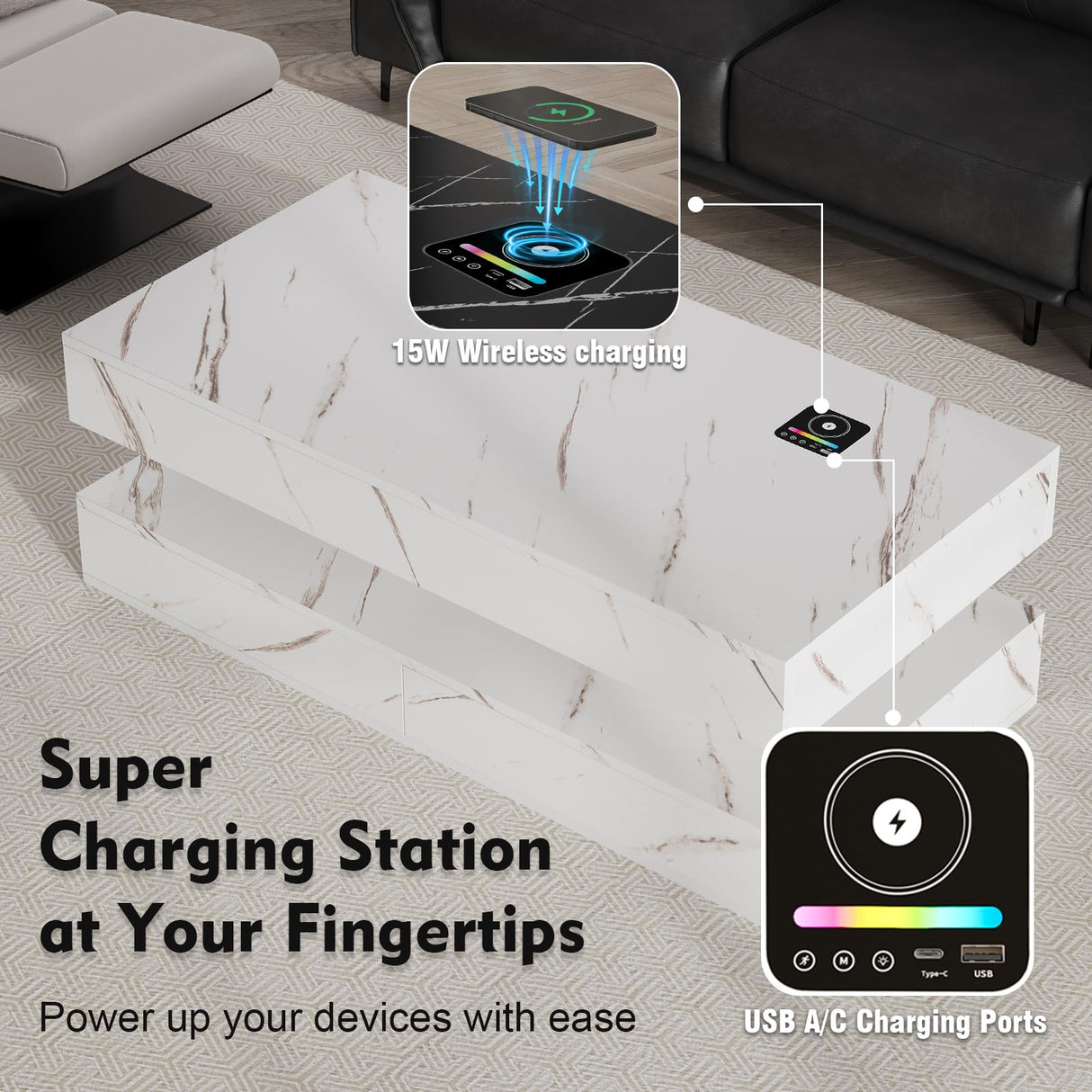 Buenhomino 47" Modern LED Coffee Table with 2 Drawers, High Glossy Double-Layer Center Table with Wireless Charging and Built-in Bluetooth Speaker Smart Table for Living Room with Marbling White Buenhomino