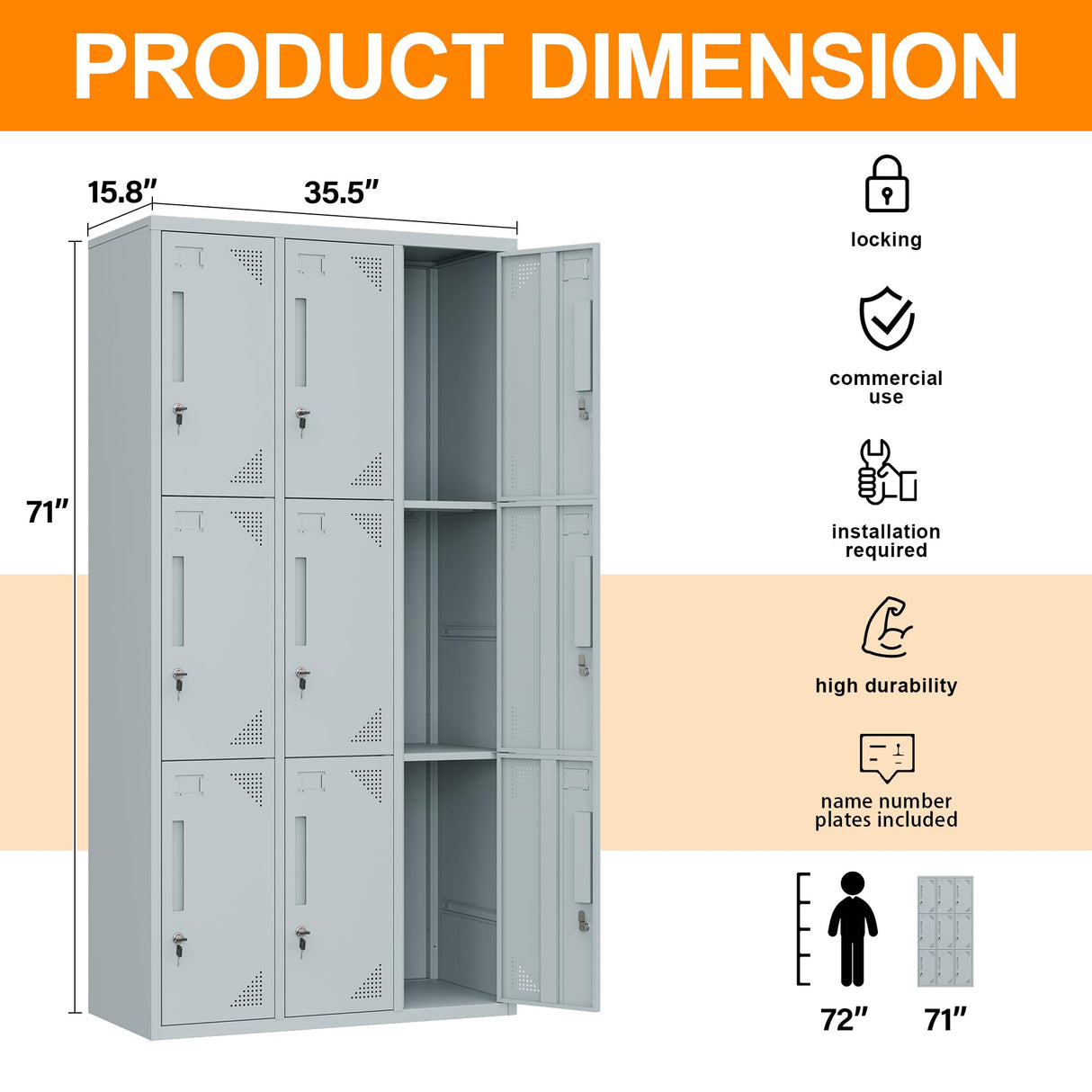 Anxxsu Metal Locker with 9 Doors Employees Locker, Metal Storage Locker with Hooks, 71" Storage Cabinet Lockers for Employees, Home, Office, Gym Requires Assembly (Grey) Anxxsu