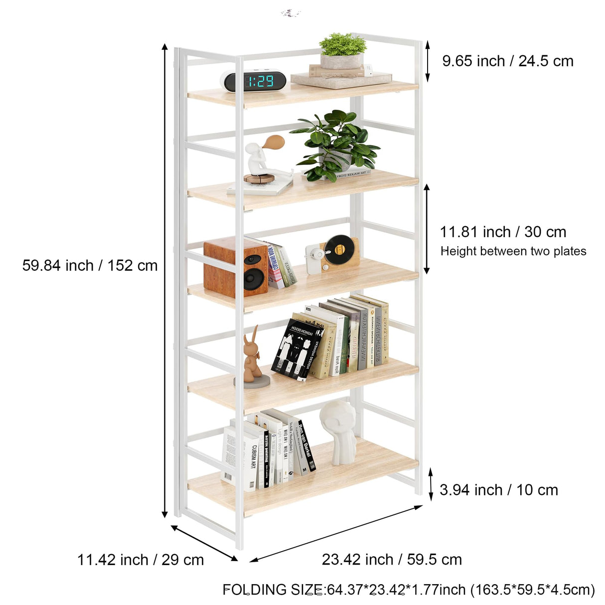 BHG Vintage Multifunctional Folding Bookshelf, No-Assembly Plant Stand Storage Rack Shelves for Home Office (White, 5-Tier) BHG