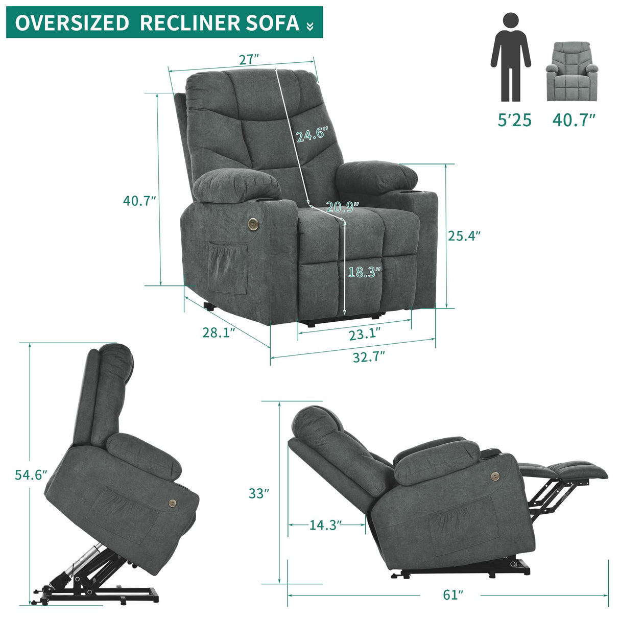 YITAHOME Power Lift Recliner Chair, Modern Fabric Recliner Chair with Massage and Heat, Spacious Seat, USB Ports, Cup Holders, Remote Control, Suitable for Living Room Dark Grey2 YITAHOME