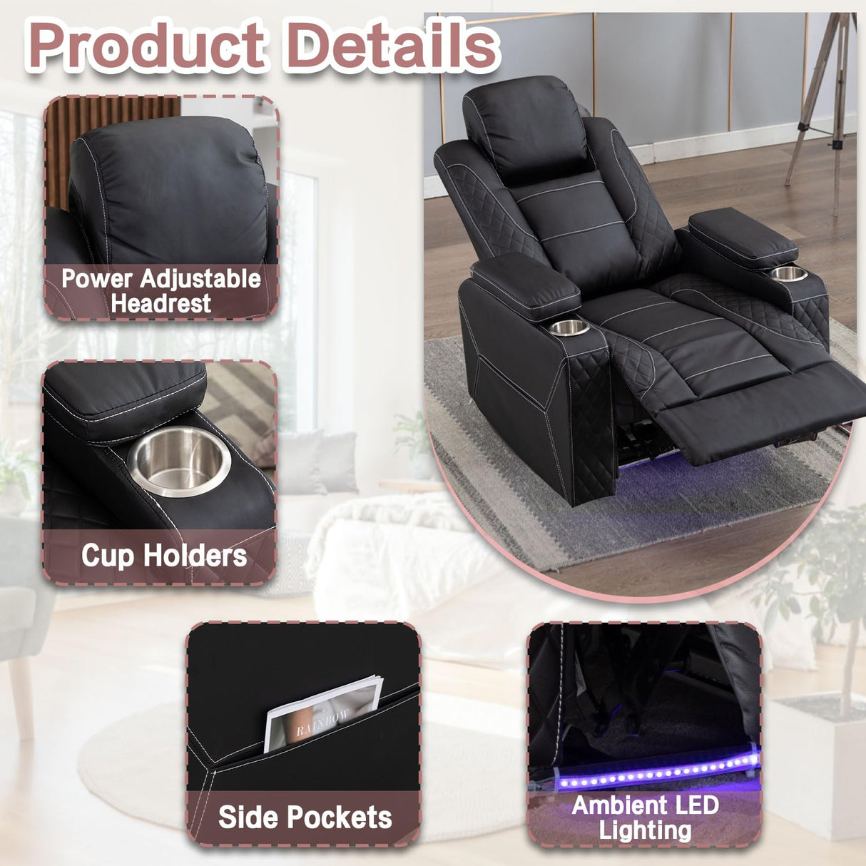 Generic SENIFIS Power Recliner Chair, Home Theater Seating Movie Theater Chairs with Adjustable Headrest, Reclining Chair for Living Room with LED Light, USB Port, Storage Armrest (Black) Generic