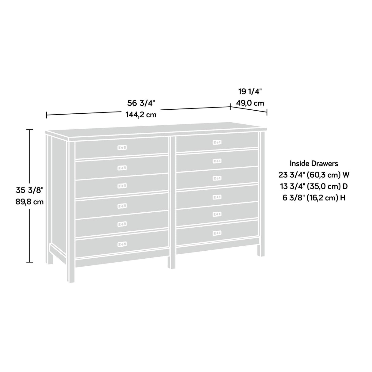 Sauder Cottage Road Dresser, L: 56.77" x W: 19.29" x H: 35.35", Soft White finish Sauder