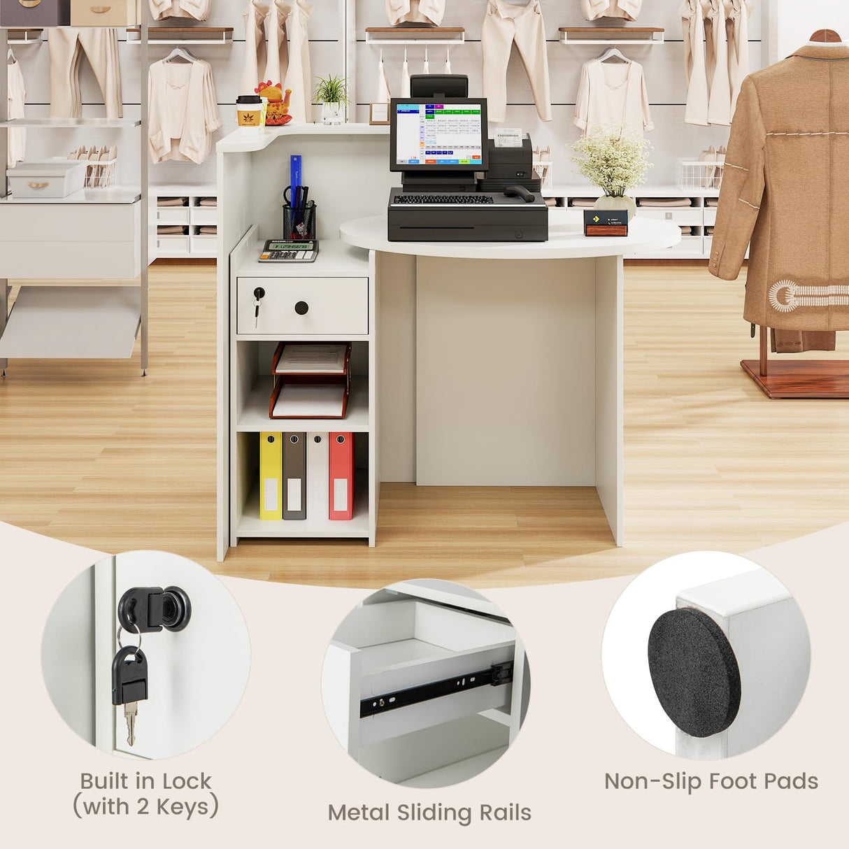 SILKYDRY Reception Desk, Small Retail Checkout Counter with Lockable Drawer and Open Shelves, Wooden Front Desk Reception Counter, Oval Desktop & L Counter for Store Office Lobby Salon (White) SILKYDRY