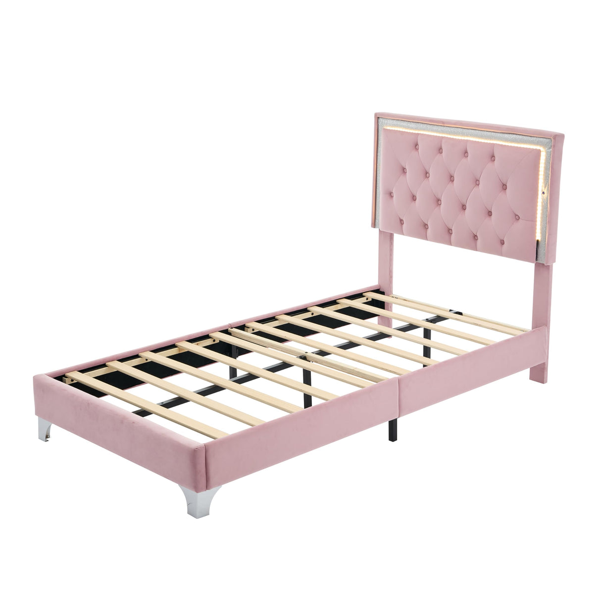 Harper & Bright Designs Velvet Twin Size Bed Frame with LED Lights, Modern Upholstered Twin Platform Bed with Tufted Headboard for Kids,Teens,Girls Boys,No Box Spring Needed,Pink Harper & Bright Designs