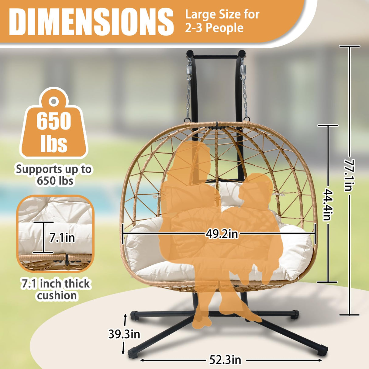 Nevsokio Double Egg Swing Chair with Stand - 2 Person Hammock Egg Chair for Outdoor, Patio, Garden & Balcony - Heavy-Duty Steel Frame, All-Weather Pe Rattan & Uv-Resistant Cushions (White) Nevsokio