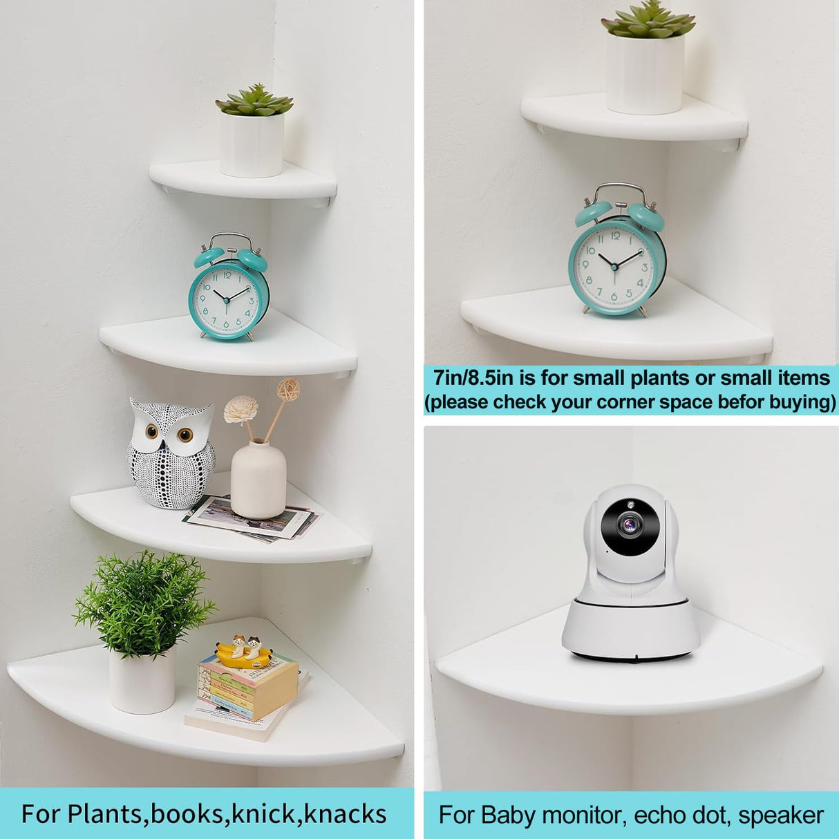 Corner Shelf, White Solid Oak Wood Floating Corner Shelf Wall Mount Round End Floating Speaker Shelf Display Shelf for Small Plant Photo Frame (White, 7in) Conamily