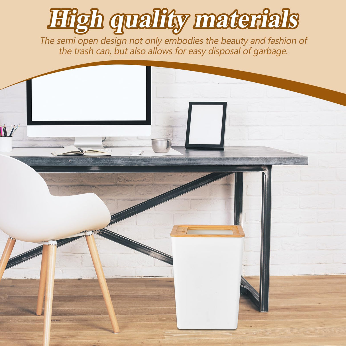 Suclain 2 Pcs Slim Trash Can 2.3 Gal, Small Wastebasket with Semi Open Bamboo Lid Plastic Waste Basket Rectangular Garbage Container Bin Trashcan for Bathroom Bedroom Kitchen Office Living Room Home Suclain