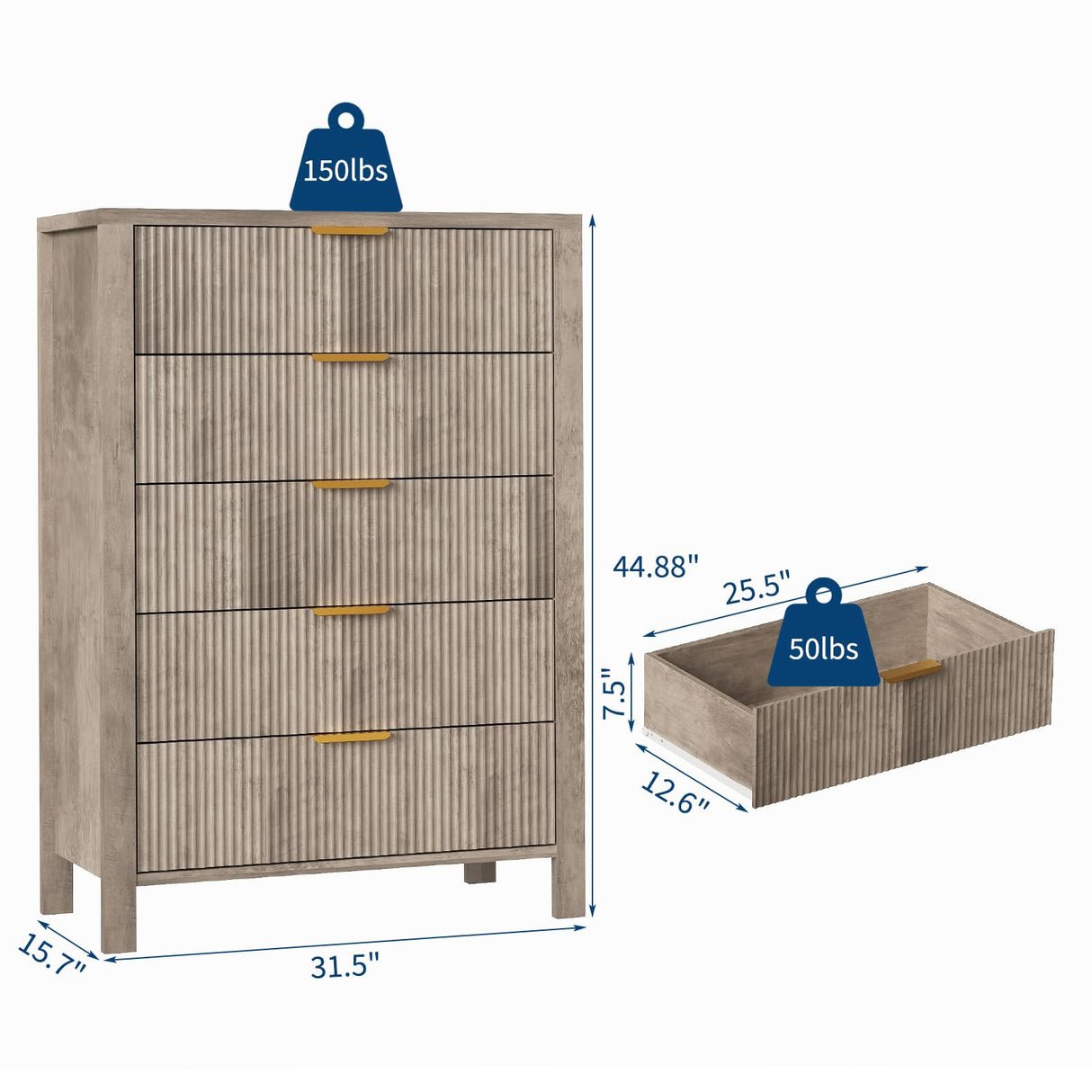 GarveeHome Fluted 5 Drawer Dresser, 45 in Tall Slim Dresser for Small Spaces, Modern Farmhouse Wooden Chest of Drawers for Bedroom Nursery Apartment, Easy Assembly GarveeHome