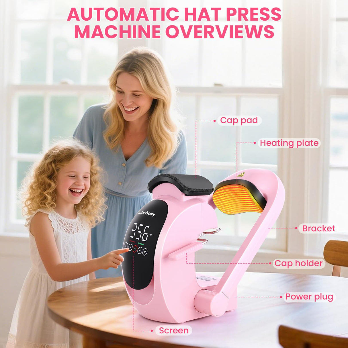 Whubefy Auto Hat Press Heat Machine for Caps, Hat Heat Transfer 3-in-1 Cap Heat Press with 3 Pcs Plates (70/80/90mm), Pink Touchscreen Hat Press Machine with 5 DTF, 1 Hat, for All Hat Shapes Whubefy