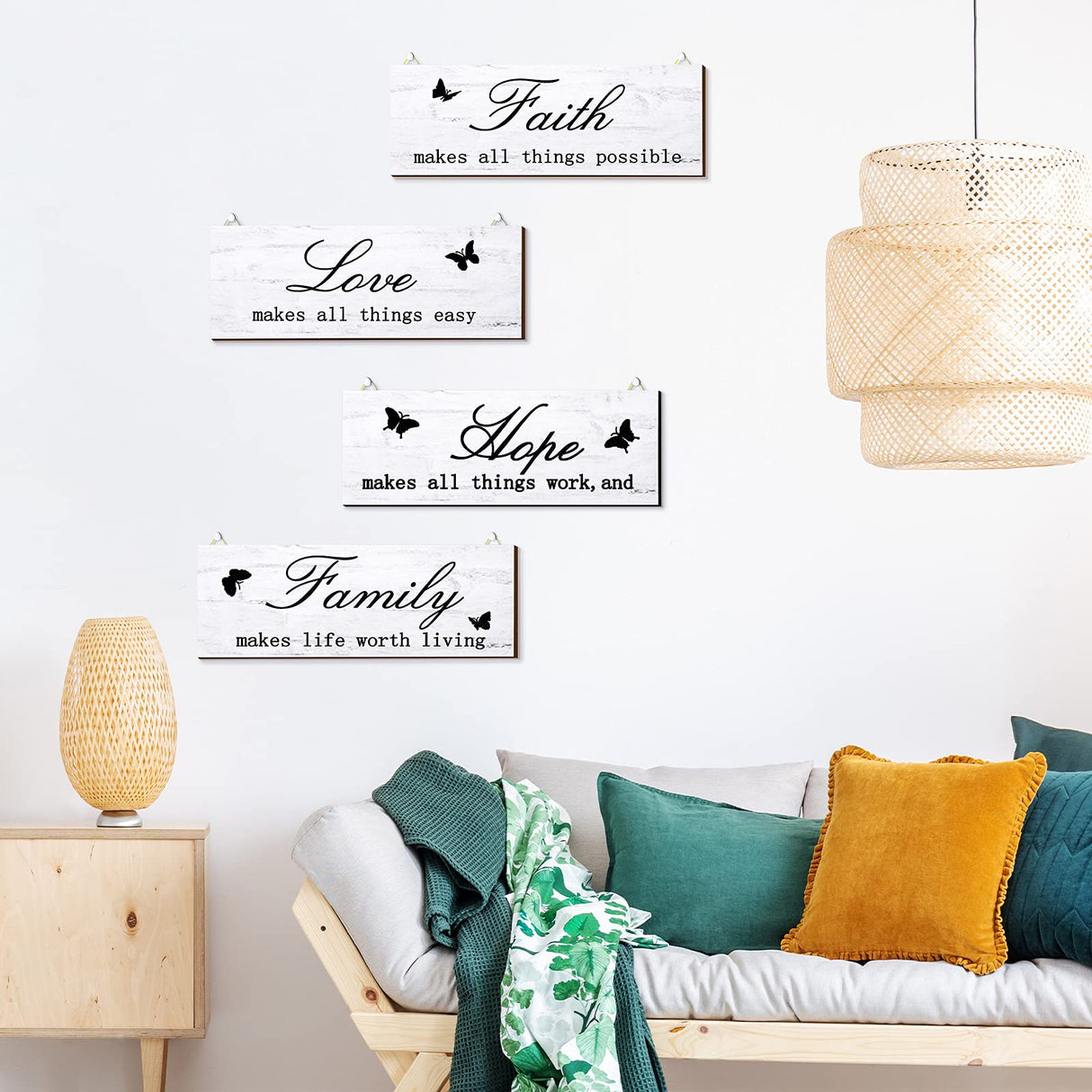 4 Pieces Faith Love Hope Family Wood Sign Farmhouse Wooden Family Sign with Quotes Faith Love Hope Family Home Sign Plaque Rustic Wooden Home Wall Sign for Front Porch Door Wall, 10 x 4 Inch (White) Jetec