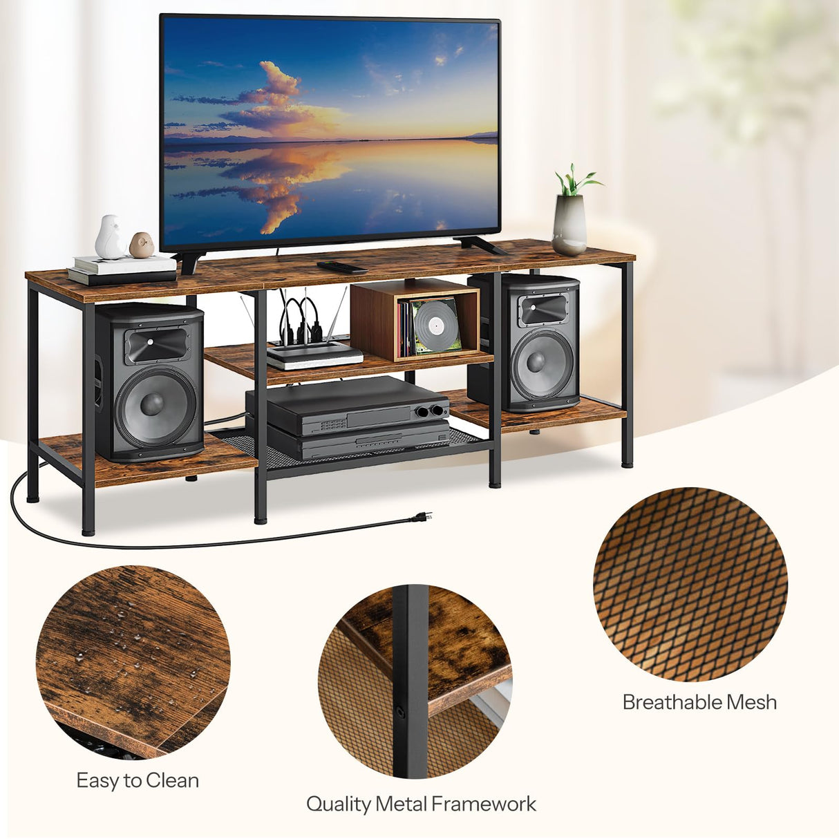 HOOBRO TV Stand with Power Outlets to 65 Inches, TV Console Table with Open Storage Shelves, Industrial Media Entertainment Center for Living Room Bedroom, Rustic Brown and Black BF40DS01 HOOBRO