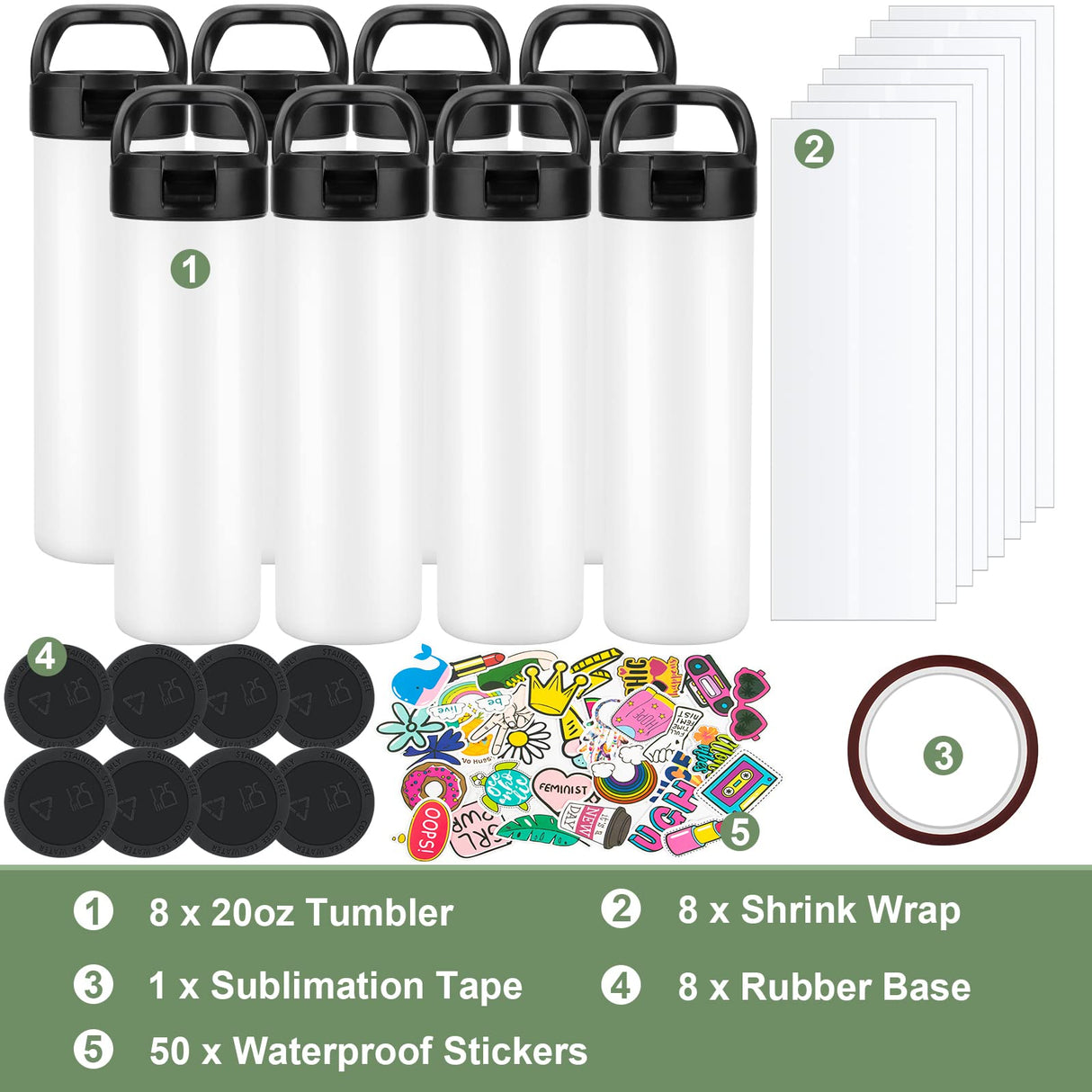 8 Pack 20oz Sublimation Tumbler Set Triple-Insulated Stainless Steel Sports Water Bottle with Straw Lid Blank Sublimation Cup with DIY Stickers, Shrink Wrap, Rubber Base, Heat Tape for Heat Transfer HEIBERWIND