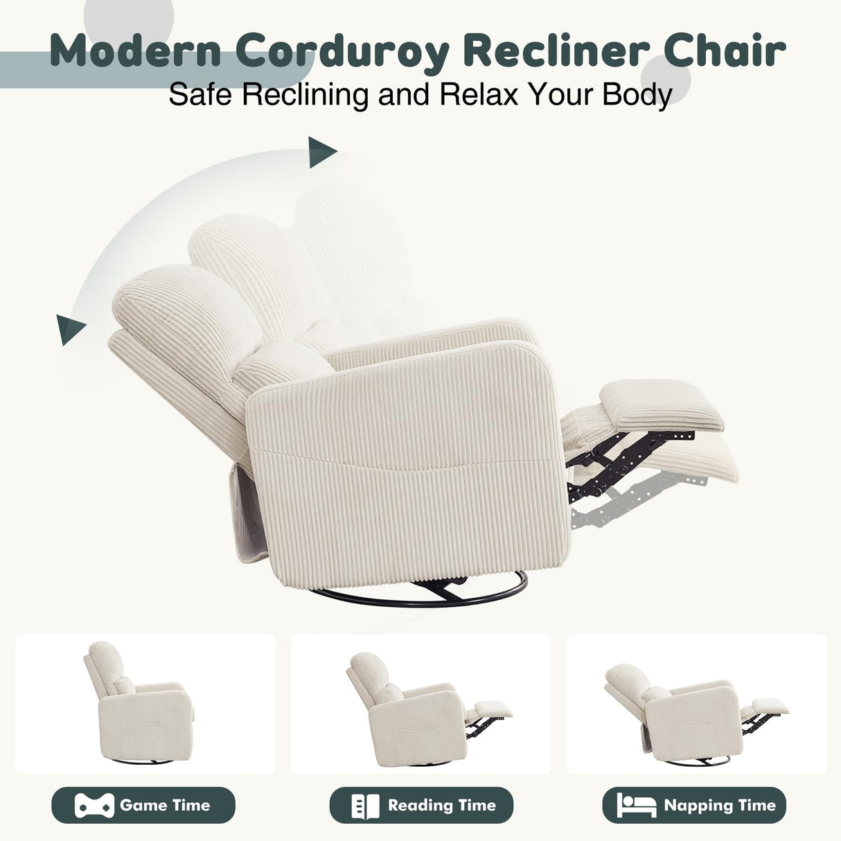 AEMEIOS Swivel Rocker Recliner, Oversized Manual Nursery Glider Rocking Recliner Chair with Removable Cushion, Upholstered Swivel Reclining Chair for Nursery Living Room Bedroom, Corduroy White AEMEIOS