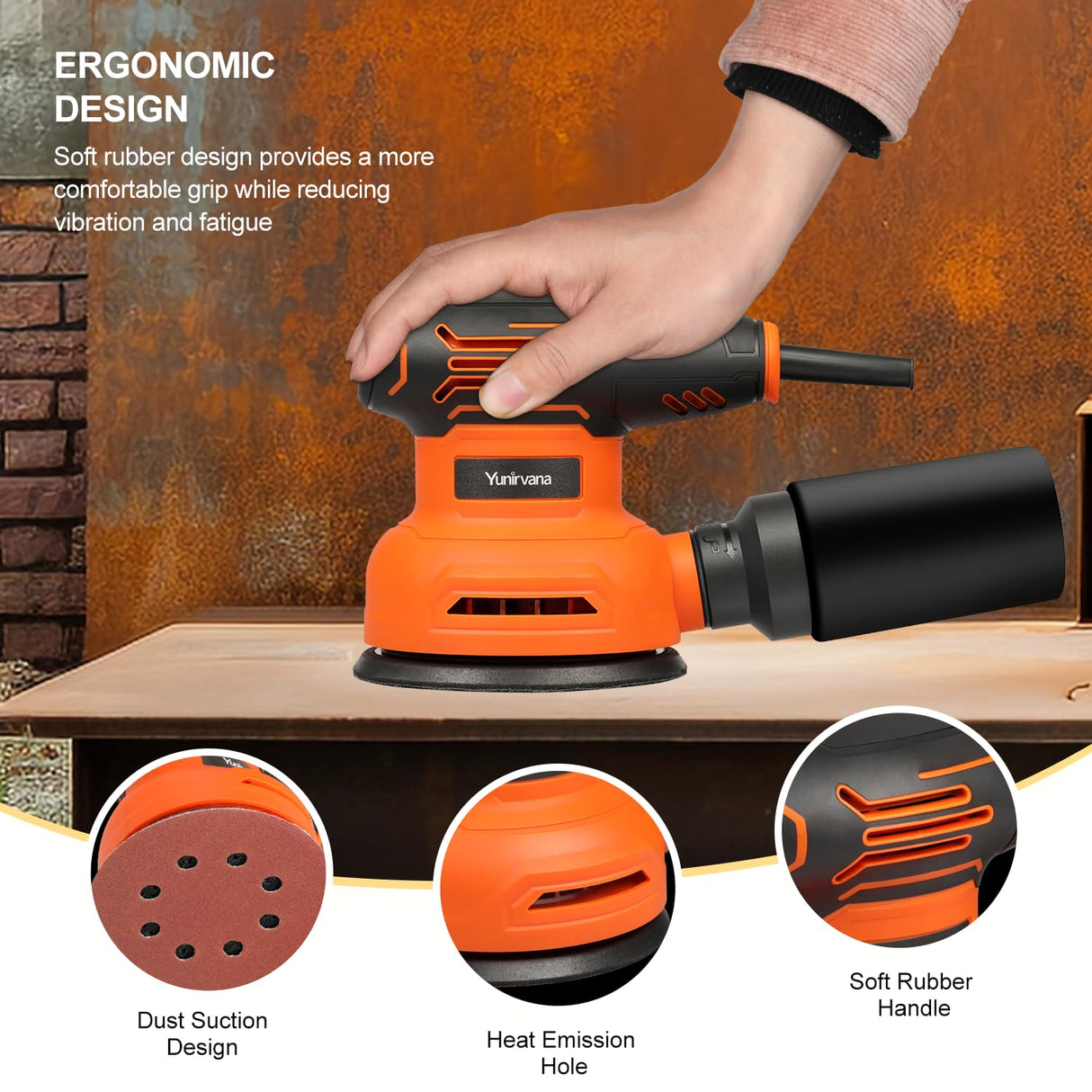 Yunirvana 5-Inch Orbital Sander, 2.5 Amp Motor, 15 Pcs Sanding Disc Set, 6-Speed Control (6000-12000 OPM), Efficient Dust Collection for Superior Sanding and Polishing Yunirvana
