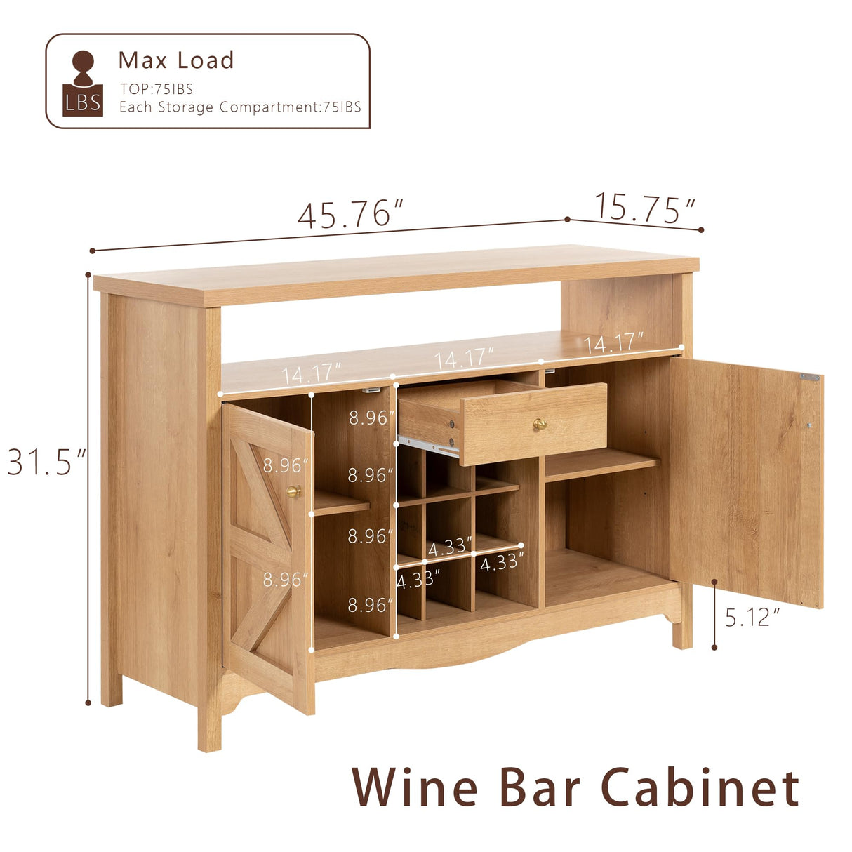 VDNEND 45.7” Wine Cabinet,Farmhouse Home Coffee Bar Sideboard Buffet Cabinet Liquor Storage with 9 Wine Racks & 2 Doors for Kitchen, Living and Dining Room (1, Natural) VDNEND