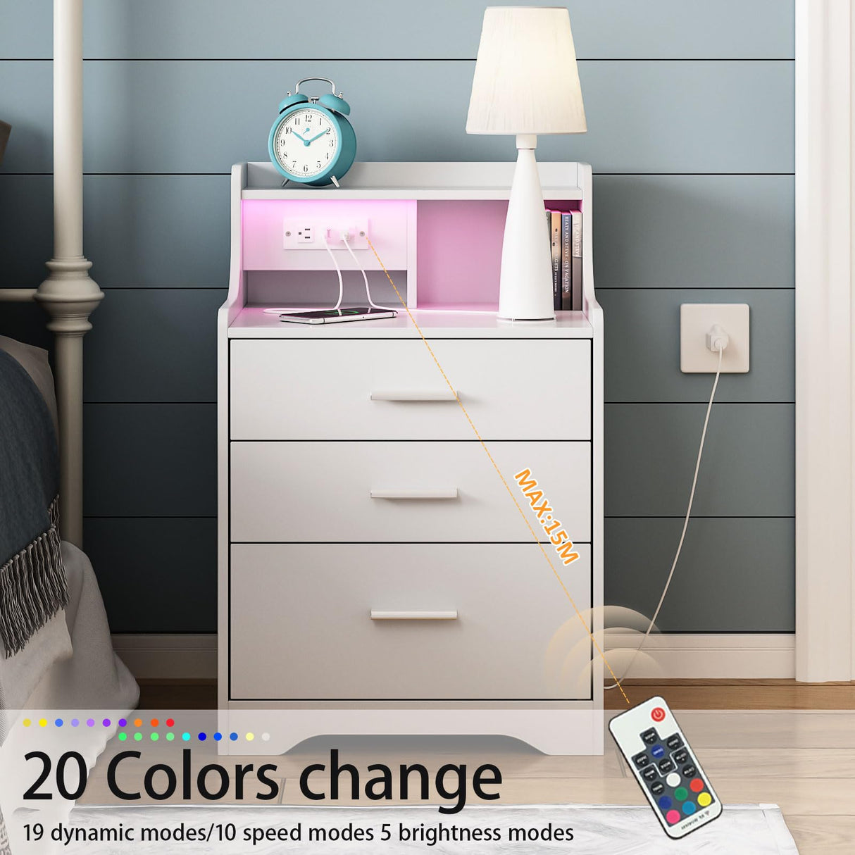 Vabches Nightstand with Charging Station, LED Nightstand with 3 Drawers, Smart Night Stand Bed Side Table, Wood Nightstand for Bedroom Living Room Vabches