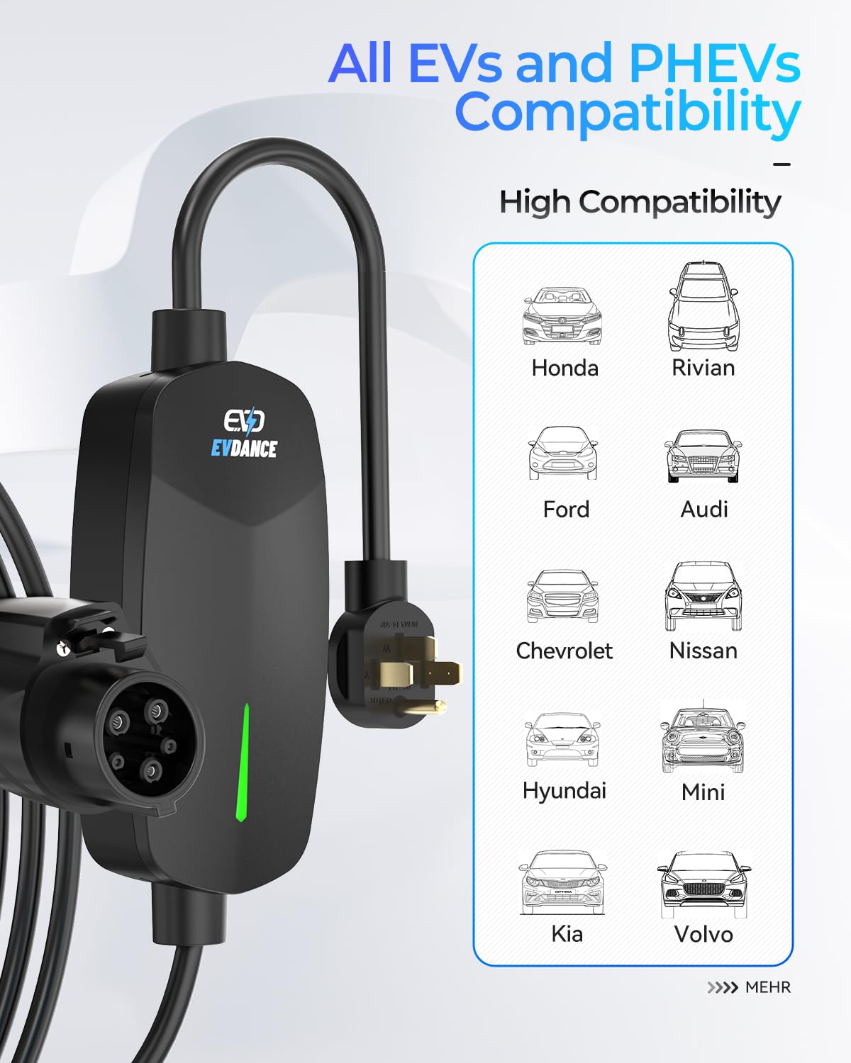 EVDANCE Level 2 EV Charger 7.68KW NEMA 14-50 Plug 32 Amp Portable Electric Vehicle Charger with 25ft Cable Outdoor SEA J1772 EV Car Charging Station Compatible with All J1772 Evs EVDANCE
