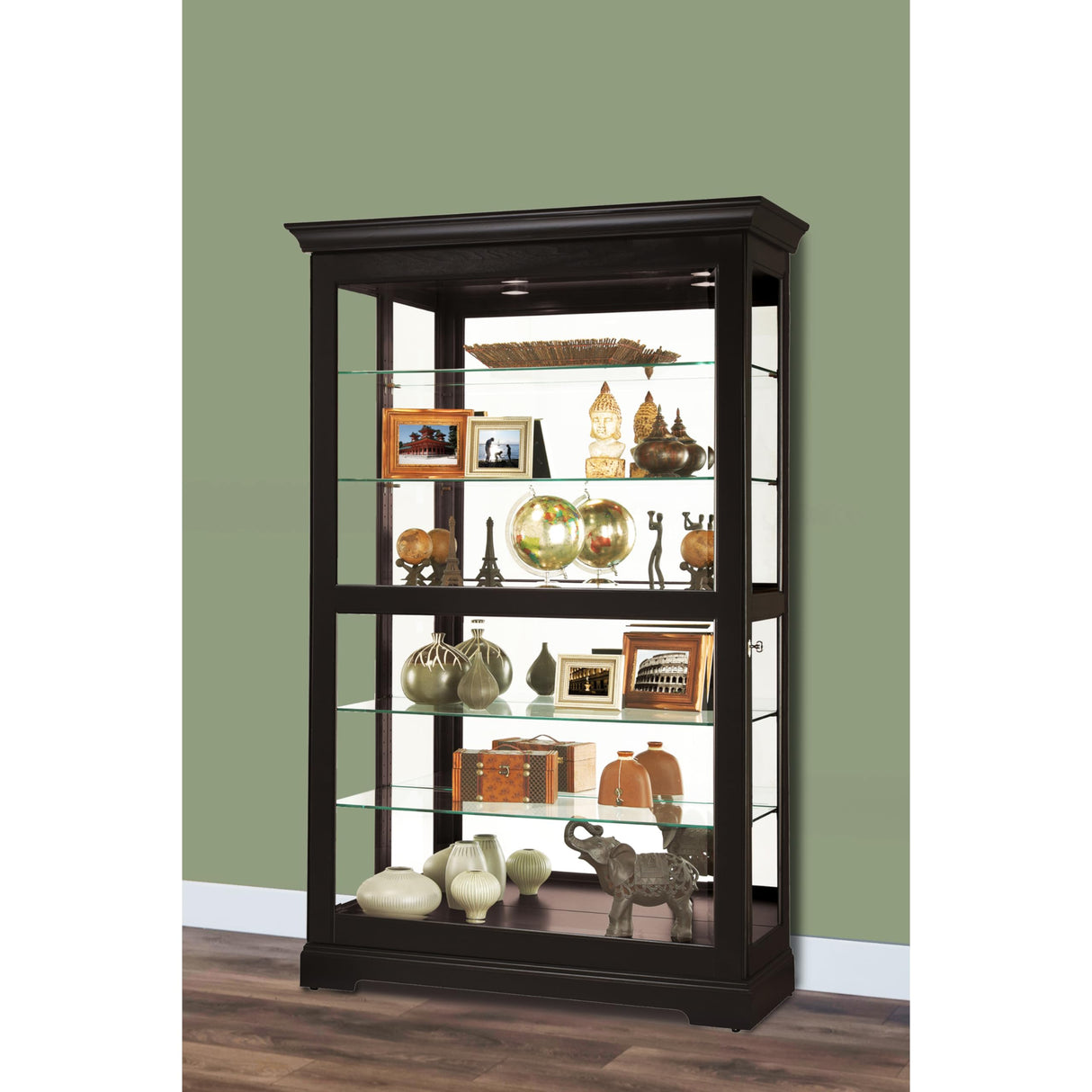 Howard Miller Kane II Curio Cabinet - Showcase Black Finish Adjustable Shelves & Levelers Illuminated Interior Lightning, Lockable Door Perfect for Living Room Office and Room Decor Howard Miller
