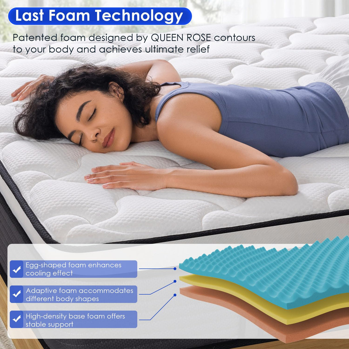 QUEEN ROSE King Mattress, 10 Inch King Size Hybrid Mattress in a Box, Gel Memory Foam & Individually Pocket Innerspring Hybrid Bed, Medium Firm, Fiberglass Free & CertiPUR-US Certified QUEEN ROSE