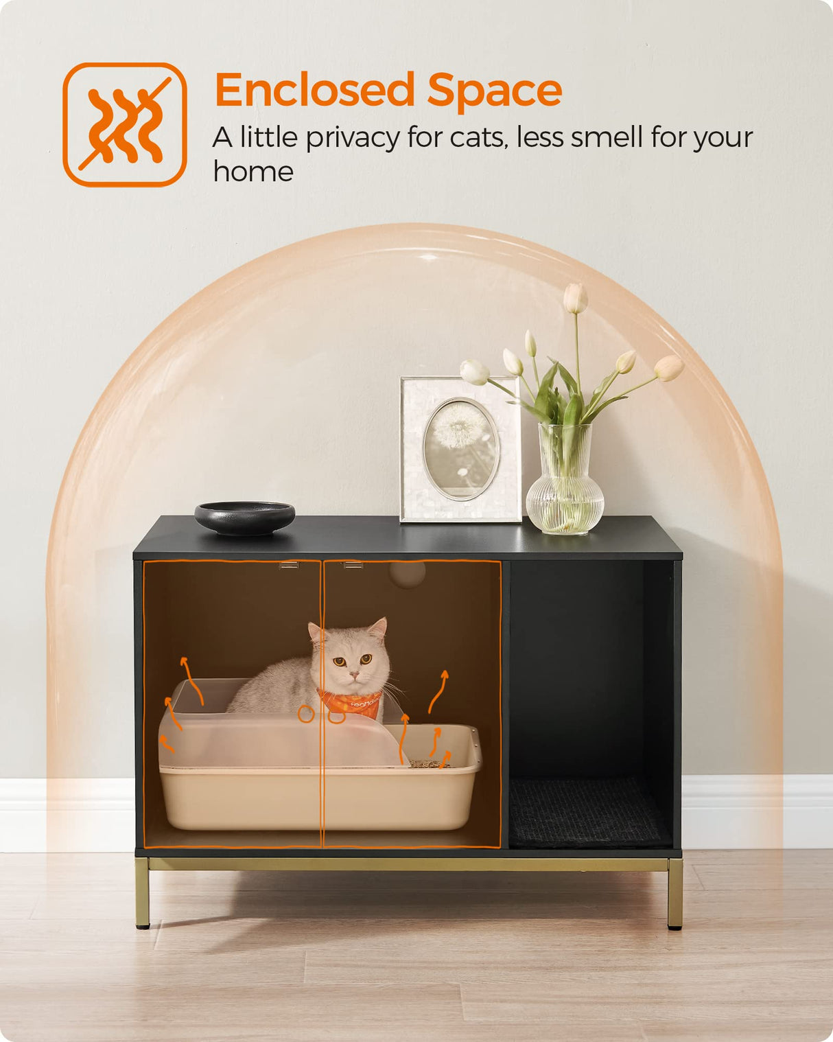 Feandrea Litter Box Enclosure, Modern Cat Litter Box Furniture Hidden, with Scratching Mat, Tall Legs, Cat House, Side End Table, 31.5 x 19.7 x 21.7 Inches, Black and Gold UPCL007B01 Feandrea