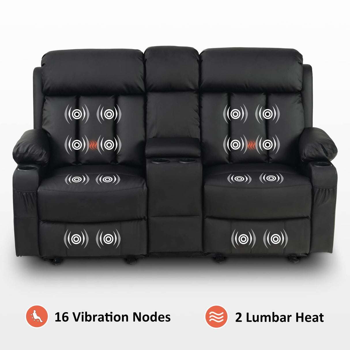 MCombo Power Loveseat Recliner with Console, Heat and Vibration Massage, Reclining Loveseat Sofa with USB Ports, Cup Holders for Living Room, Faux Leather 6095 (Black) MCombo