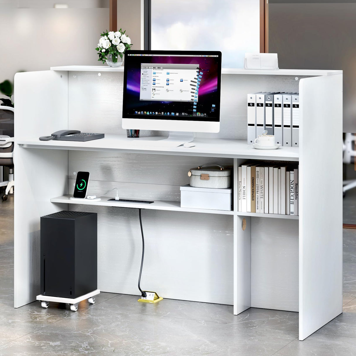 TC-HOMENY Reception Desk with LED Lights, 55'' Retail Counter Modern with Storage Shelves and Cable Grommet, Front Table, Salon Desk, Office Table,White TC-HOMENY