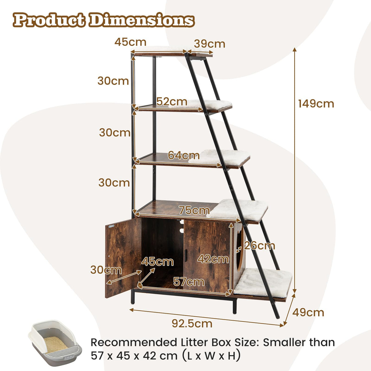 PETSITE Cat Litter Box Furniture with 3-Tier Ladder Shelves and Doors, 59 inch Cat Box Enclosure with Removable Plush Mats, Indoor Hidden Litter Box with Decorative Storage Shelving (Rustic Brown) PETSITE