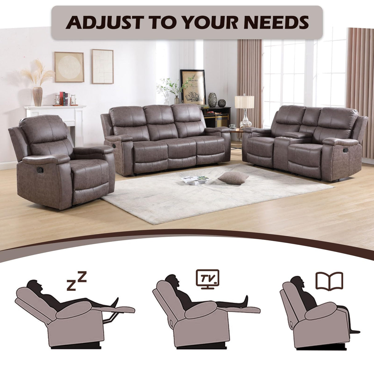 CANMOV Faux Leather Manual Reclining Sofa Furniture Set, Manual Recliner Chair, Manual Loveseat and 3 Seat Recliner Sofa Couch Set for Living Room,Grey CANMOV