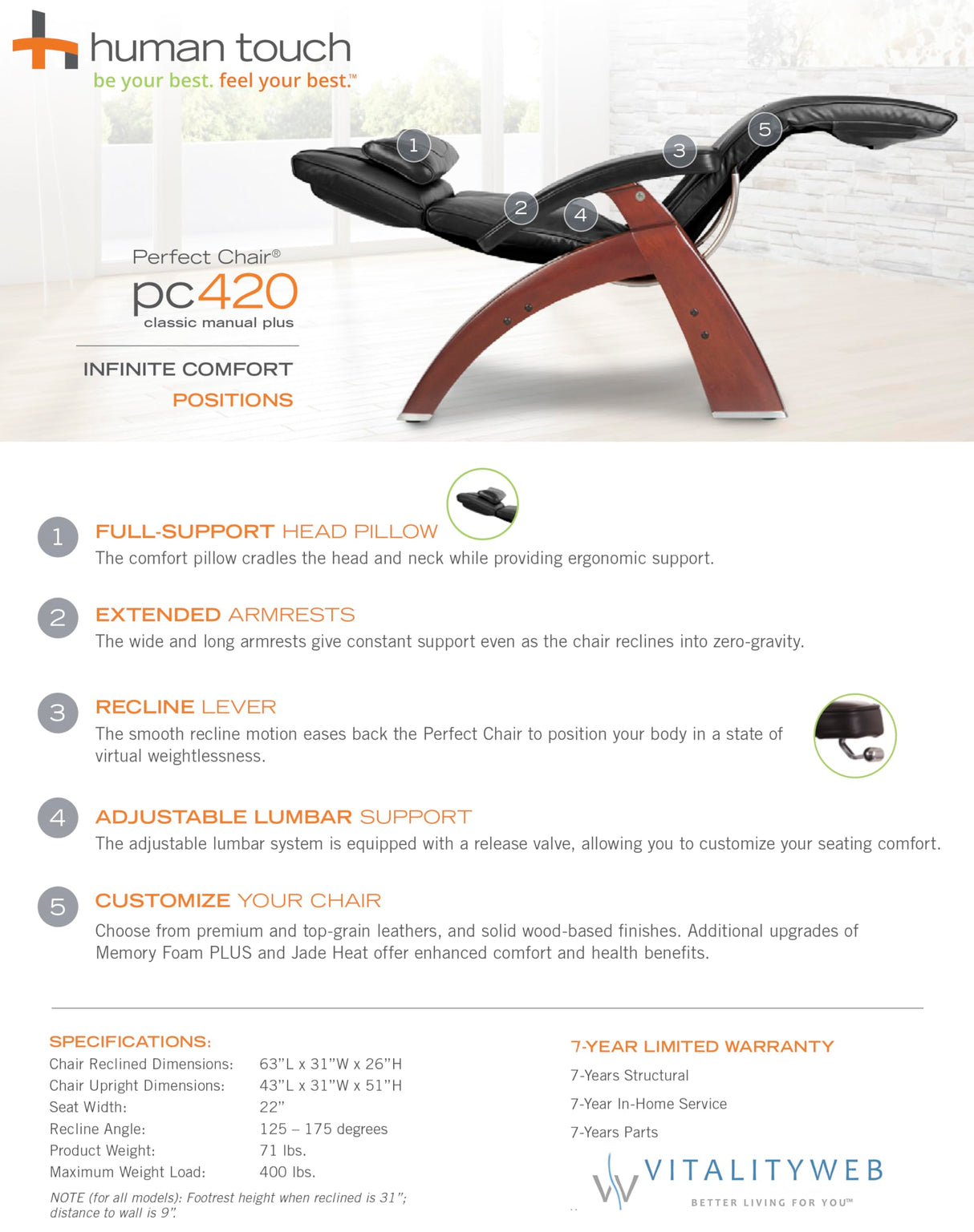 Perfect Chair Human Touch PC-420 Classic Manual Plus Series 2 Dark Walnut Wood Base Zero-Gravity Recliner - Espresso Premium Leather Human Touch