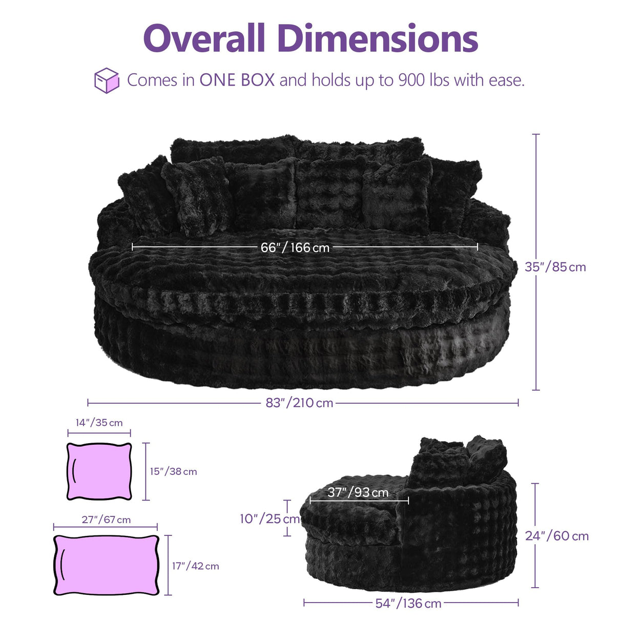 TYBOATLE 83’’ Oversized Round Chaise Lounge Chair Indoor w/Deep Seat, Round Memory Foam Couch, Comfy Fluffy Plush Chaise Lounge Indoor w/Double Cushion, Circle Bed for Livingroom (Black) TYBOATLE