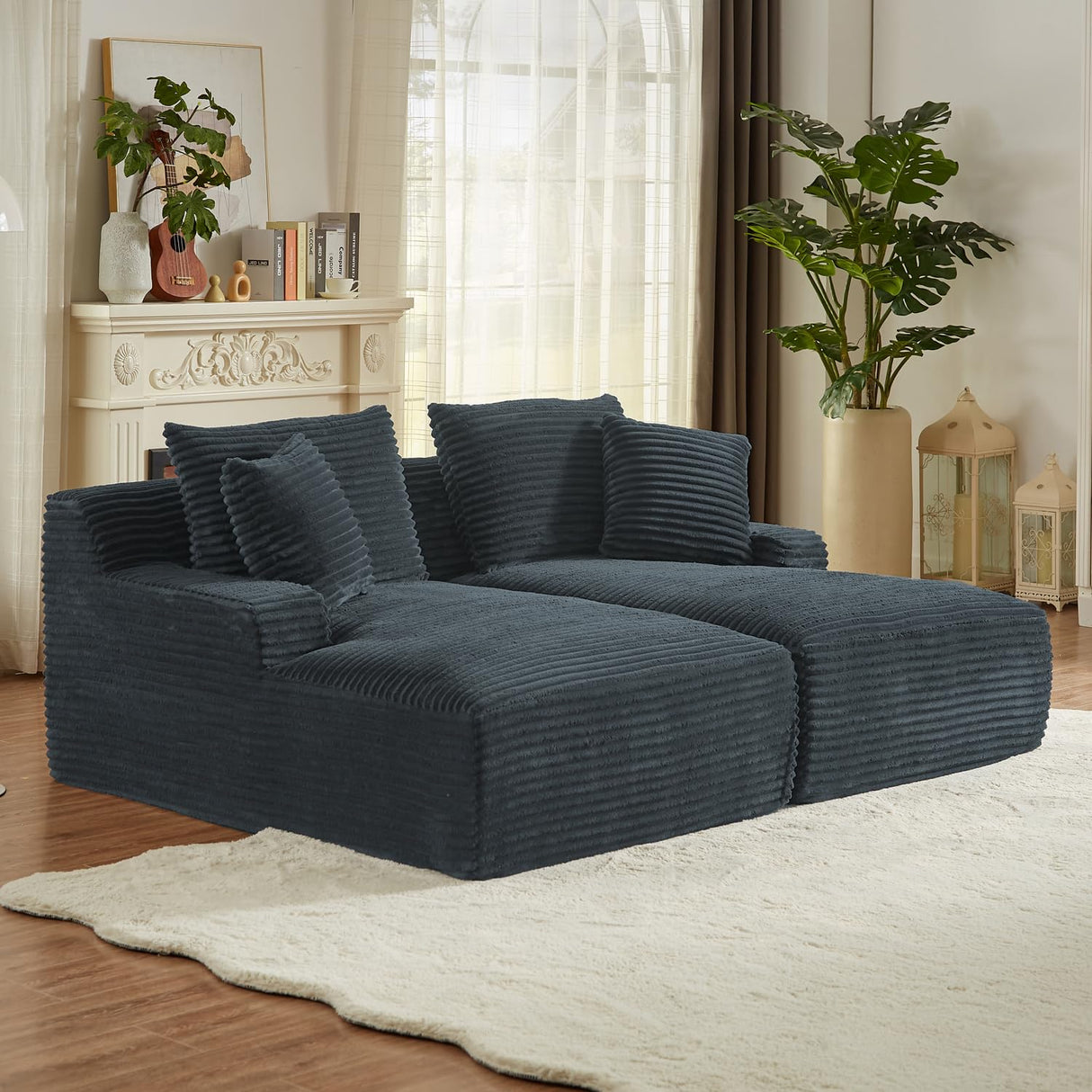 80 Inch Double Chaise Lounge Chair Indoor, Oversized Sectional Corduroy Upholstered Boneless Sofa Bed, Deep Seat Sleeper Loveseat Reading Chairs, Cloud Sofas Couches, No Assembly Required (Dark Grey) HANXIN