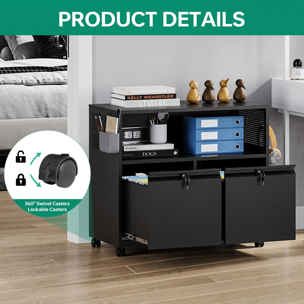 Letaya Mobile 2 Drawer File Cabinet with Lock, Metal Lateral Printer Stand Filing Storage Cabinets with Shelves for Home Office-A4/F4/Letter (Black) Letaya