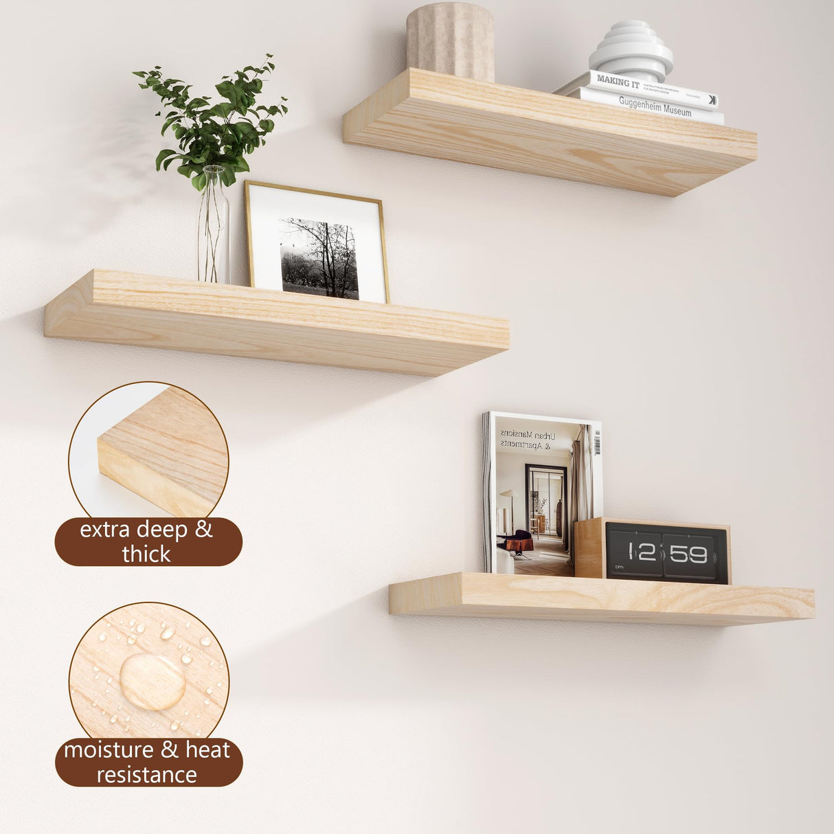 Natural Wood Floating Shelves, Wood Floating Shelves for Wall Set of 3, 17 Inch Natural Raw Wood Shelves for Living Room Bedroom Home Office - Natural fuqing