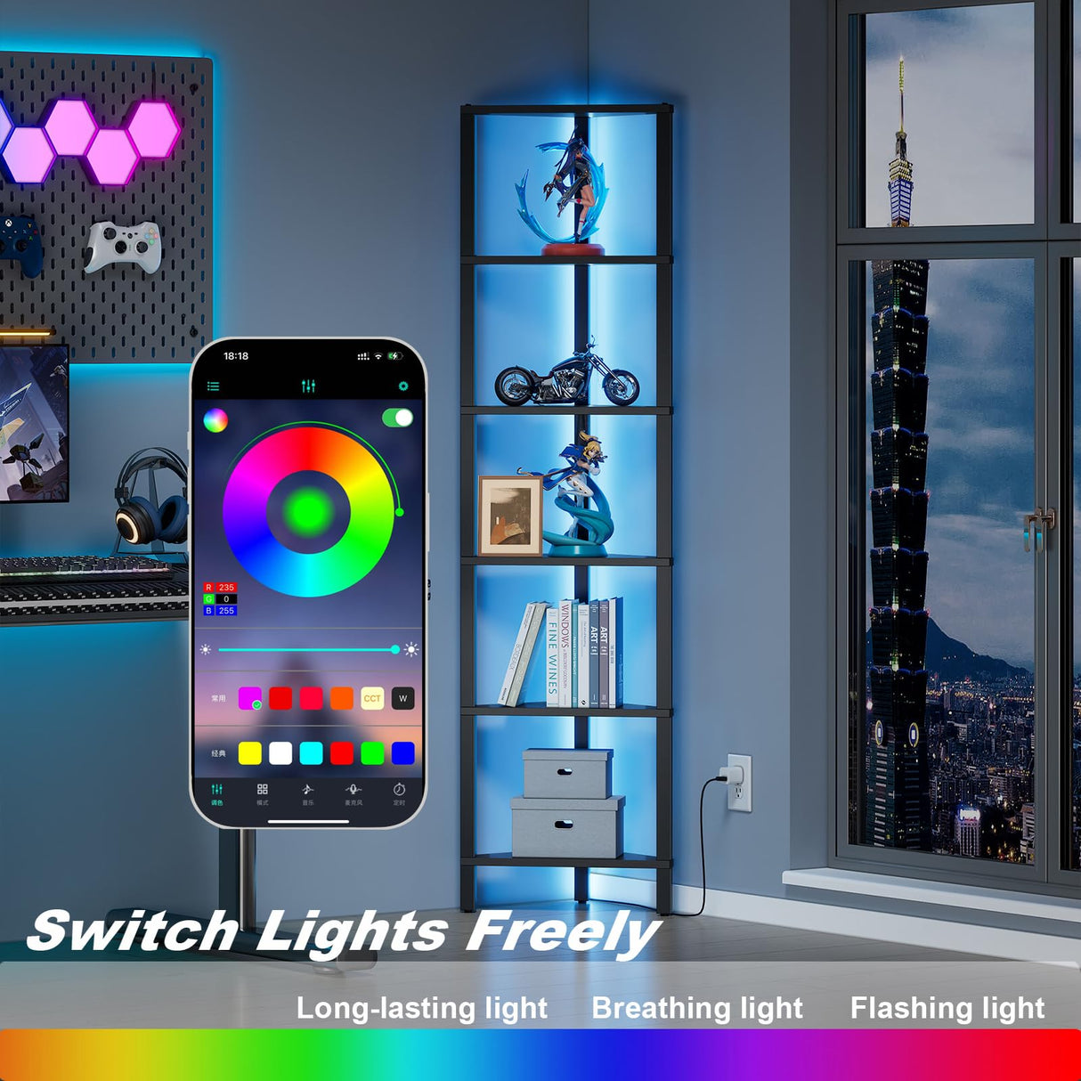 TUTOTAK Corner Shelf with LED Light, 6-Tier Corner Bookshelf for Small Space, Narrow Display Corner Shelf Stand with Storage Rack, for Living Room, Bedroom, Black BS05BK006L TUTOTAK