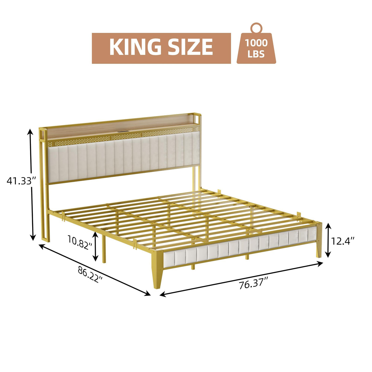 GAOMON King Bed Frame with Charging Station, LED Bed Frame with Storage Headboard, Upholstered Platform Bed Frame, No Box Spring Needed, Easy Assembly, White&Gold GAOMON