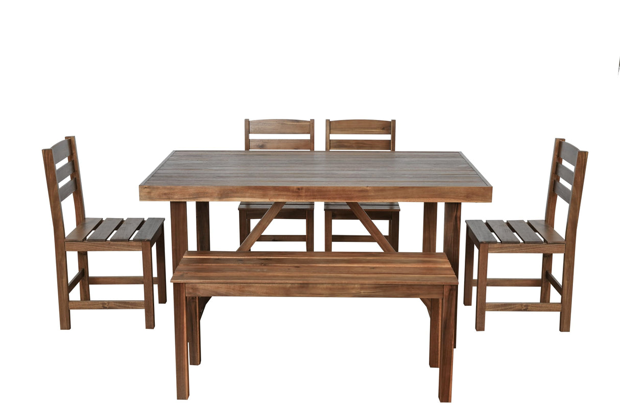 RuiSiSi 6 Piece Outdoor Dining Table Set with 4 Chairs and 1 Bench, Acacia Wood Outdoor Table and Chairs Set for 6 Persons, All Weather Patio Dining Table Set for Balcony, Backyard, Garden, Brown RuiSiSi