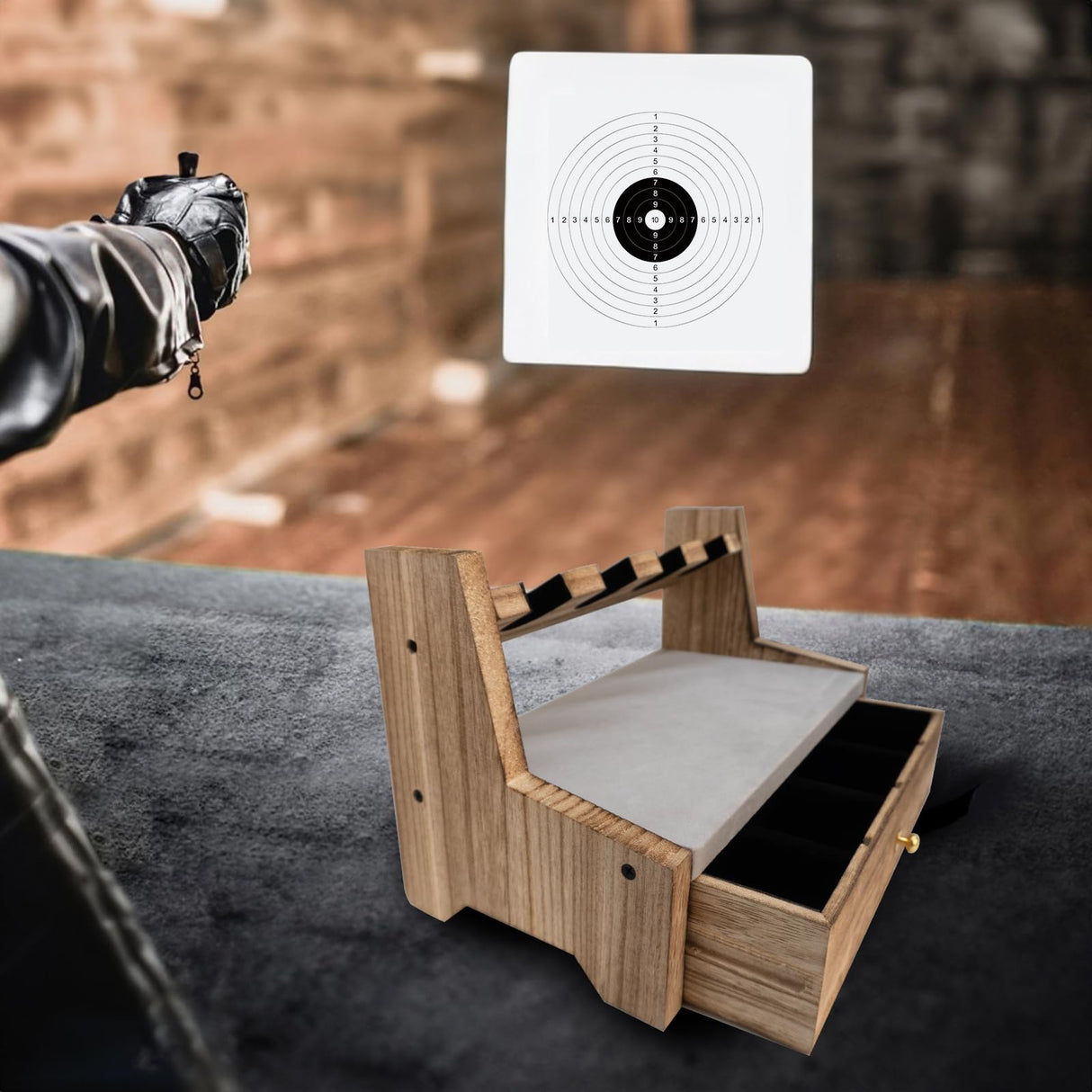 Lanmik Wooden Pistol Rack With Drawer for Gun Storage Solid Wood Gun Rack Holder Rustic Pistol Display Stand Gun Safe Organizer Accessory with 6 Lanmik