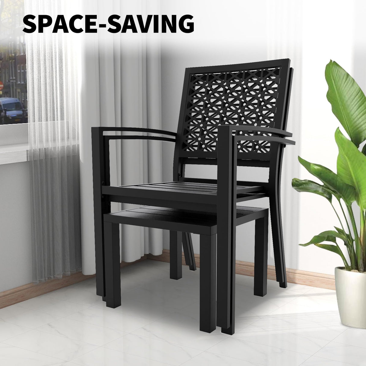 Trendyhom 3 Piece Patio Bistro Set, Carved Back Design Outdoor Bistro Table and Chairs Set of 2, Stackable Outdoor Patio Furniture Set for Patio, Balcony, Porch Indoor Outdoor, Black Trendyhom