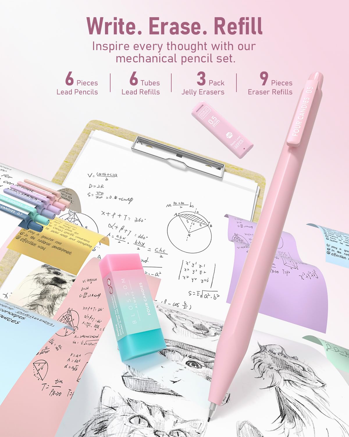 Four Candies 39 PCS Aesthetic School Supplies with Cute Pen Case, 12 Pastel Highlighters, 5 Black Ink Gel Pens, 6 Mechanical Pencils Set 0.5 & 0.7 mm for Students Stationary College Essentials (Pink) Four Candies