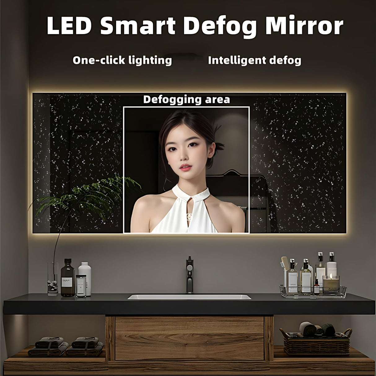 Bathroom Vanity with Sink - Modern Single Sink Bathroom Vanity, Wall Mounted Solid Wood Bathroom Sink Cabinet, Elegant Floating Vanity with Ample Storage and LED Anti-Fog Mirror (Square Mirror, 36") ZGNBSD