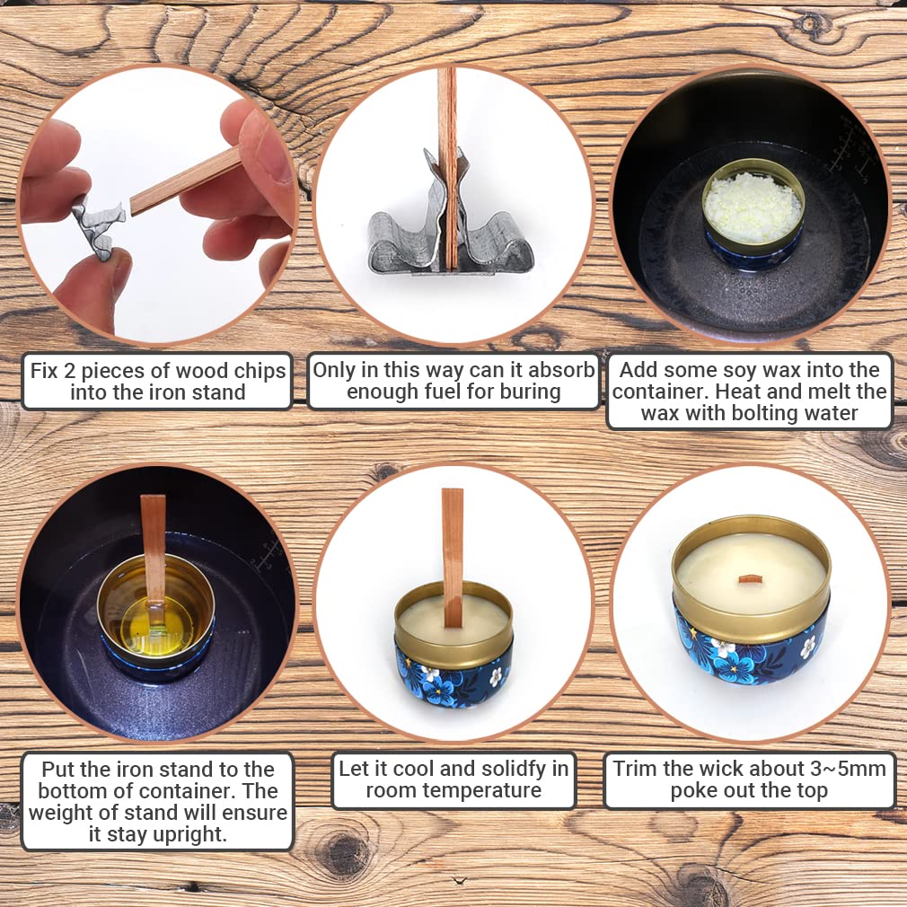 50 Set Wood Candle Wicks 3 Widths, DIY Candle Making Supplies Wooden Wicks with Iron Stands for Handmade Candles Including 20Set 5.1x0.51in, 20Set 5.9x0.59in, 10Set 5.9x0.75in Natural Wood Wick SWIGRANCE