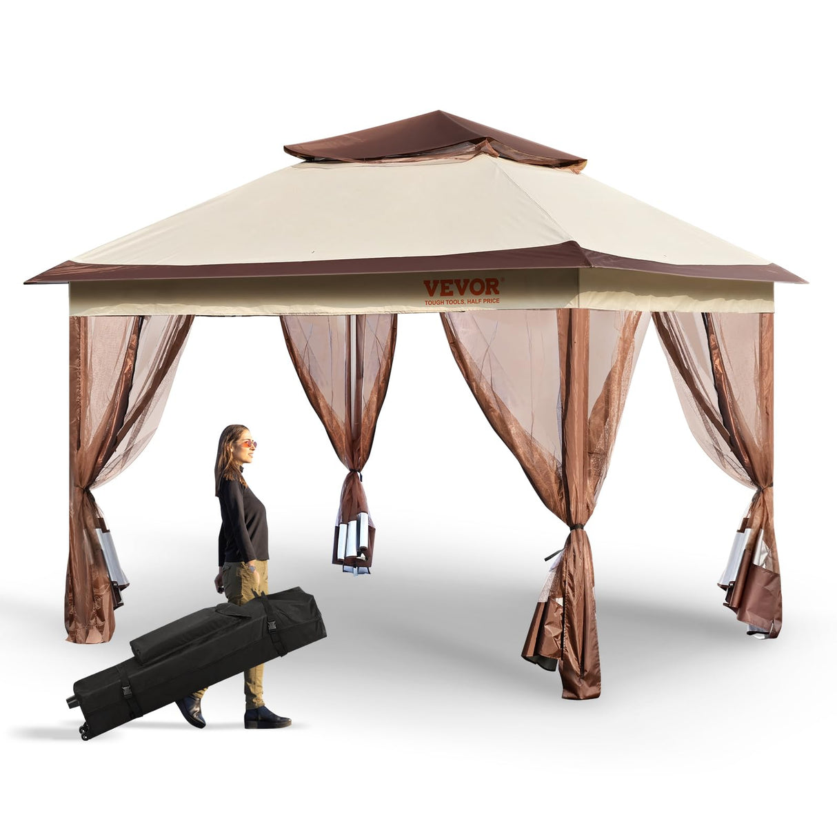 VEVOR Pop up Gazebo for 8-10 Person, with Mosquito Netting, Metal Frame, and PU Coated 250D Oxford Cloth, Outdoor Canopy Shelter for Patio, Backyard, Lawn, Garden, Deck, 11 x 11 FT, Brown VEVOR