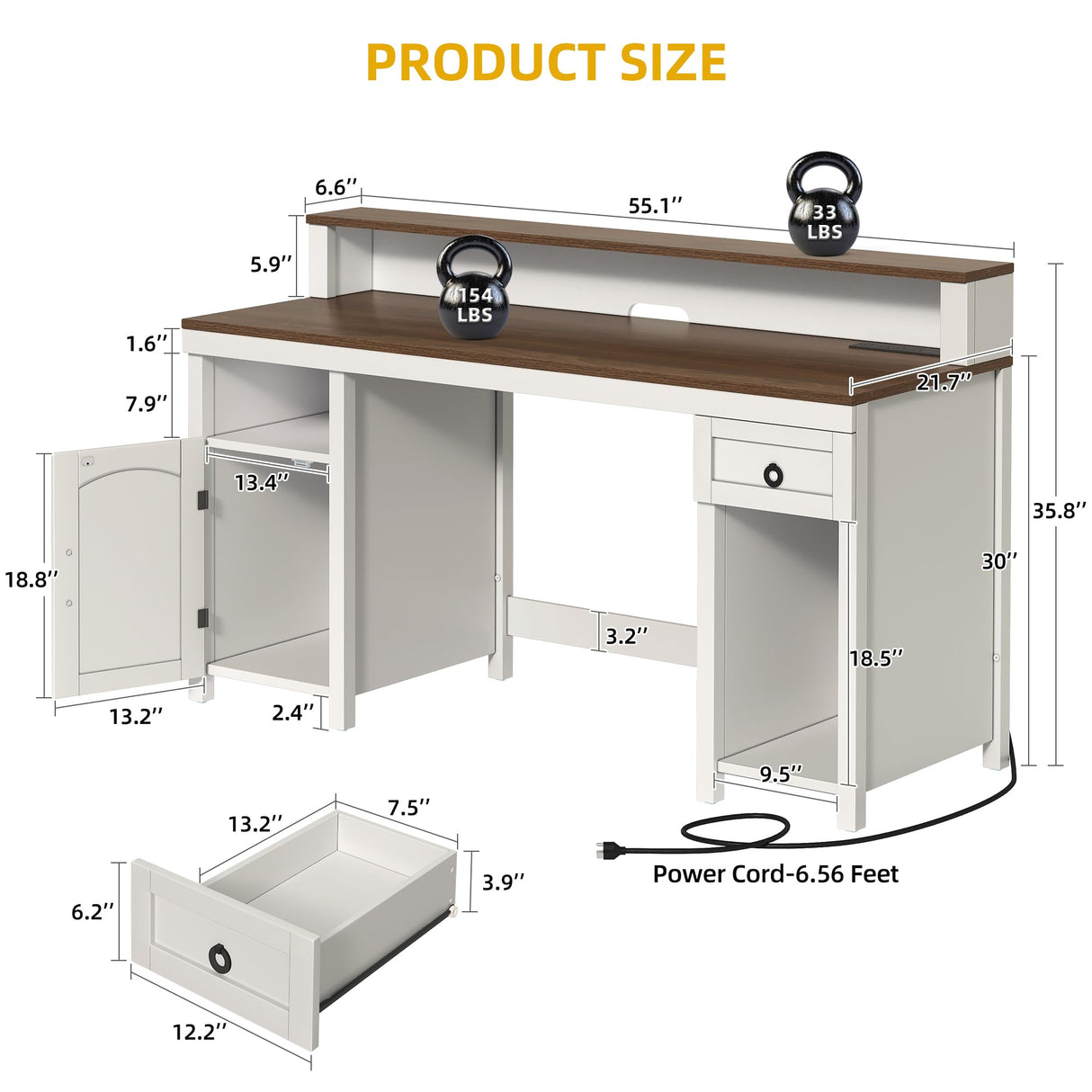 DWVO Farmhouse Office Desk with Drawer & Power Outlets, Wood Computer Desk w/LED Strip & Monitor Stand for Bedchamber Study, Home Office Table with Storage Cabinet for Working Writing Gaming (White) DWVO