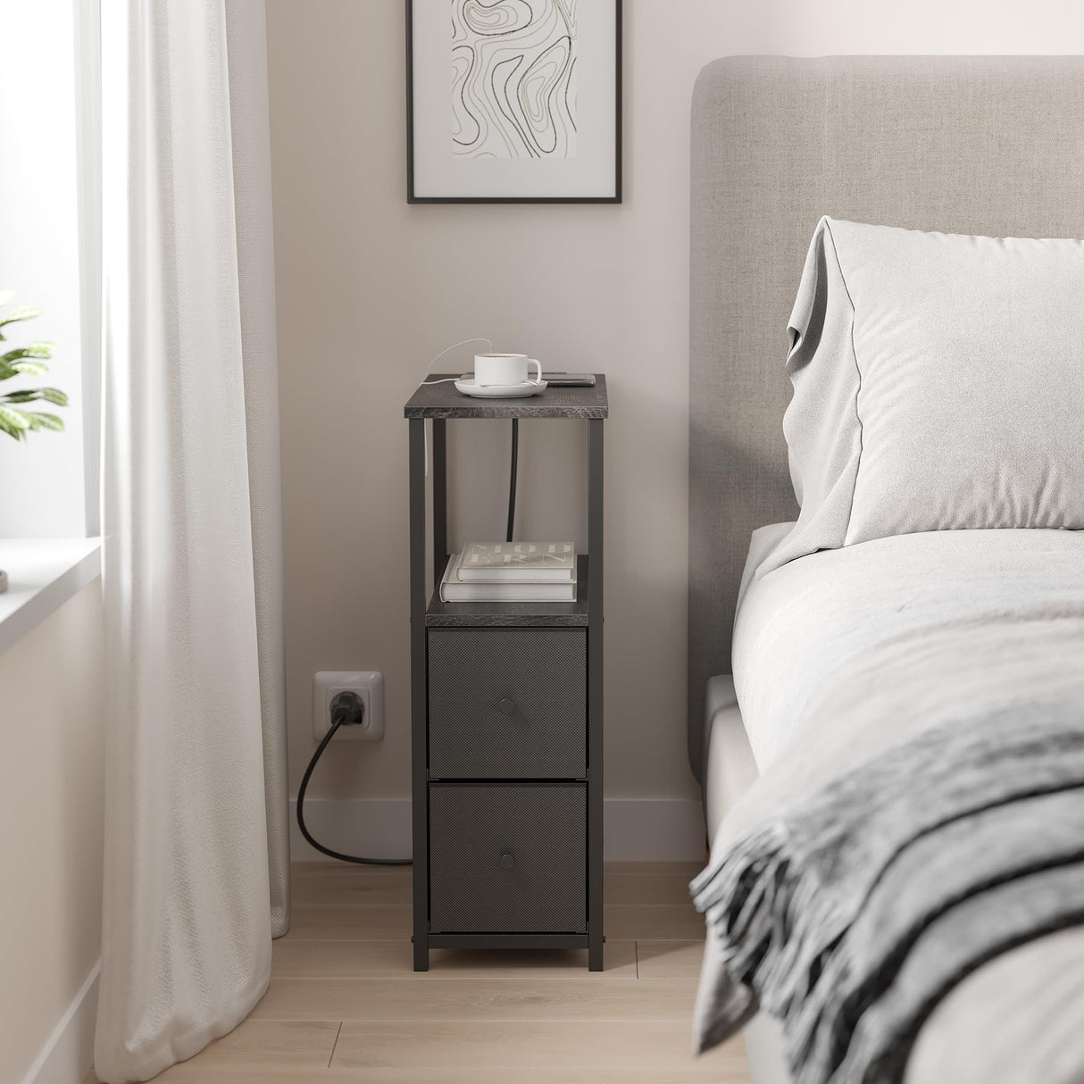 TUTOTAK Small Narrow LED End Table with Charging Station, Side Table Outlets, Nightstand with 2 Cloth Drawers, Set of 2, Couch Table, for Living Room, Bedroom, Bedside, Charcoal Grey TB01BY056 TUTOTAK